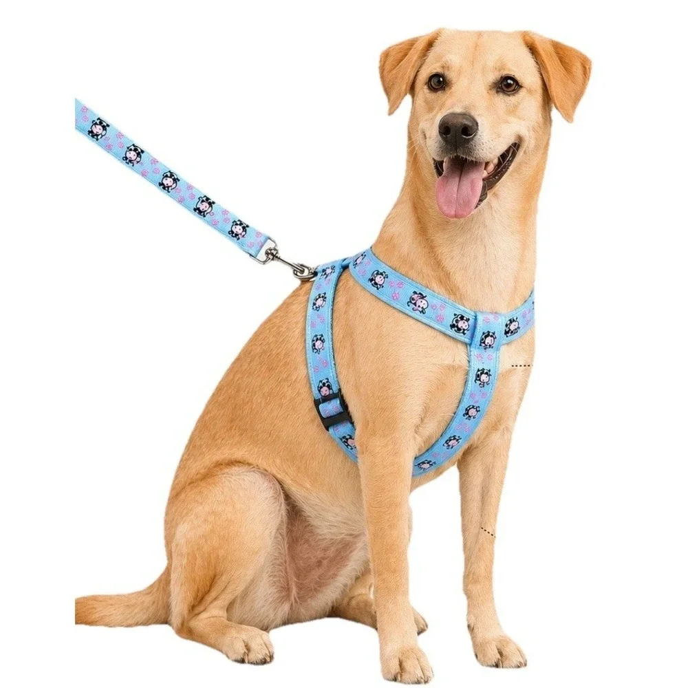 Dog Harness & Leash Set Adjustable For Small / Medium Dogs Blue Cow Print